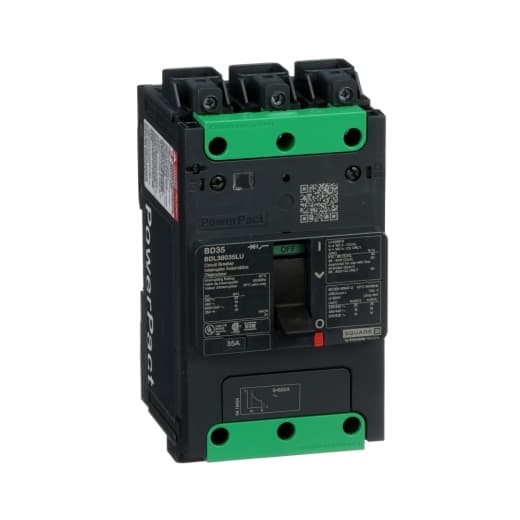 Schneider Electric BDL36035LU Square D by Schneider Electric BDL36035LU is a Moulded Case Circuit Breaker (MCCB) within the PowerPacT BDL sub-range, featuring a PowerPact B-Frame 100 TMD 3P 35A 600Y/347Vac 14kA design. It includes Everlink (Creep compensating) lugs on both line and load sides, plus a Control Wire terminal (CWT) on the line side only, offering a degree of protection of IP40. This MCCB has a rated current of 35A and operates at a rated voltage of 600Vac 600Y/347Vac, with a mechanical durability of 20,000 operations when mounted either on a DIN rail or as an individual unit on a plate. It is a 3-pole (3P) device with dimensions of 137 mm in height, 80 mm in depth, and 81 mm in width. The utilisation category is A, and it features over-current protection fixed at 35A, short-circuit hold current fixed at 400A, and short-circuit trip current fixed at 600A. The rated insulation voltage (Ui) is 800 V, with a rated operating voltage (Ue) of 525 V, and it provides thermal and magnetic protection functions. The trip current rating is 35 AT, with an electrical durability of 10,000 operations at 440Vac; In. The frame current rating is 100 AF, and it operates via a toggle (manual) mode. Its short circuit breaking rating varies with voltage, achieving 25kA at 240Vac, 18kA at 480Vac and 480Y/277Vac, and 14kA at 600Y/347Vac under UL489 standards. The trip unit type is thermal-magnetic (fixed) with no display. BDL36035LU on Powermatic Associates
