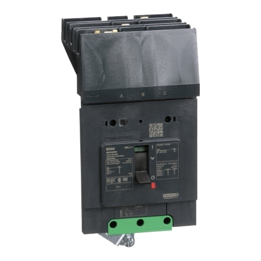 Schneider Electric BDA36060 Square D by Schneider Electric BDA36060 is a Moulded Case Circuit Breaker (MCCB) within the PowerPacT BDA sub-range, featuring a PowerPact B-Frame 100 TMD 3P 60A design for 600Y/347Vac with a 14kA I-line and ABC 80% rated. It has a rated impulse voltage (Uimp) of 8 kV and utilizes an I-line connection for ABC phases. The degree of protection is IP40, with a rated current of 60A and a rated voltage (AC) of 600Vac 600Y/347Vac. It offers mechanical durability of 20,000 operations at no load and mounts on I-line with line side isolated plug-on jaws plus a mechanical I-Line bracket mechanism. This 3-pole (3P) circuit breaker has dimensions of 137 mm in height, 89 mm in depth, and 81 mm in width. It falls under utilisation category A and features protection settings for over-current fixed at 60A, short-circuit hold current fixed at 640A, and short-circuit trip current fixed at 960A. The rated voltage (DC) is 250Vdc, with a rated insulation voltage (Ui) of 800 V, and a rated operating voltage (Ue) of 525 V. Protection functions include thermal protection for overload and magnetic protection for short-circuit, with a trip current rating of 60 AT. Its electrical durability with load is 10,000 operations at 440Vac; In, and it has a frame current rating of 100 AF. The operating mode is toggle (manual), and it has a short circuit breaking rating of 25kA at 240Vac, 18kA at 480Vac, 18kA at 480Y/277Vac, 14kA at 600Y/347Vac, and 10kA at 250Vdc, all under UL489. The trip unit type is thermal-magnetic (fixed) with no display. BDA36060 on Powermatic Associates