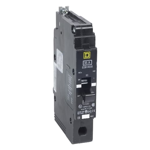 Schneider Electric EGB14045 Square D by Schneider Electric EGB14045 is a Miniature Circuit Breaker (MCB) designed for bolt-on mounting with a visual trip indicator. It features lugs type terminals and is rated for 277V AC. This MCB offers protection functions against short-circuit and overload conditions and serves as both an Equipment Protection Device (EPD) and a Circuit Breaker (CB) with a breaking capacity code G. It utilizes an aluminium lugs connection and supports a rated current of 45A across 1 Pole(s). The cross-section compatibility ranges from 12-2/0AWG. It has a short circuit breaking rating of 65kA at 120Vac, 35kA at 240Vac, and 35kA at 277Vac. The trip unit is of the thermal-magnetic type with protection settings featuring a trip unit rating of 1800A. EGB14045 on Powermatic Associates