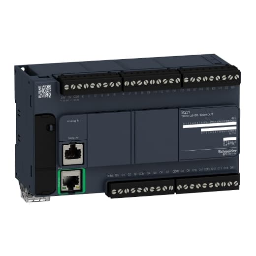 Schneider Electric TM221CE40R Schneider Electric TM221CE40R is a Programmable Logic Controller (PLC) CPU processor module featuring integrated I/Os. It supports analog (PID control), counting with up to 4 high-speed counters (HSC) at a 100kHz frequency, and position control (PTO) with trapezoidal and S-curve profiles for controlling either 2 or 4 axes in pulse direction (P/D) mode or 1 or 2 axes in CW/CCW mode. Additionally, it offers pulse width modulation (PWM), pulse generator (PLS), and frequency generator (FREQGEN) functionalities. The connection types include a removable screw terminal block, one RJ45 connector for serial links (RS-232 or RS-485), one RJ45 connector for Ethernet, and one USB mini-B programming port. It operates on a supply voltage of 85-264Vac (100-240Vac nominal) and can be mounted on a symmetrical rail or panel. The ambient air temperature for operation ranges from +14 to +131°F (-10 to +55°C). The memory capacity includes 640KB total RAM, 256kB RAM for internal variables, 256kB RAM for application and client data, and 2MB flash memory with 256kB dedicated for backing up the client application and data in the event of a power outage. It has an IP20 degree of protection and supports Ethernet/IP and Modbus TCP communication protocols. The module features 16 digital outputs (2A; NO relay contact outputs), 24 digital inputs (24Vdc; Sink/Source; 4 inputs can be used as high-speed HSC counters), and 2 analog inputs (0-10Vdc; 10-bit). It also includes 1 SD card slot and 1 slot for 1 or 2 cartridges. The ambient air temperature for storage is -13 to +158°F (-25 to +70°C), with a humidity range of 10-95% (without condensation in operation and in storage). The processing time for boolean instructions is 200ns / 0.0002 ms, and it has a mechanical durability of 20,000,000 operations at no load. TM221CE40R on Powermatic Associates