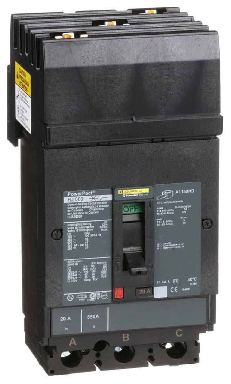 Schneider Electric HJA36020 Square D by Schneider Electric HJA36020 is a Moulded Case Circuit Breaker (MCCB) within the PowerPacT HJA sub-range, featuring a PowerPact H-Frame 150 TMD design. It is a 3-pole (3P) device with a rated current of 20A and offers both thermal protection for overload and magnetic protection for short-circuit scenarios. This MCCB has an I-line connection suitable for ABC phases and is designed for mounting on I-line with line side isolated plug-on jaws plus a mechanical I-Line bracket mechanism. It has a rated insulation voltage (Ui) of 750 V, with AC rated voltages of 600Vac and 600Y/347Vac, and a DC rated voltage of 250Vdc. The device's dimensions are 163 mm in height, 104 mm in width, and 86 mm in depth, with a degree of protection rated at IP40. It operates manually via a toggle and has fixed protection settings for over-current at 20A, short-circuit hold current at 350A, and short-circuit trip current at 750A. The rated operating voltage (Ue) is 690 V, with a rated impulse voltage (Uimp) of 8 kV. The trip current rating is 20 AT, with a frame current rating of 150 AF. Its short circuit breaking rating varies by voltage, with 100kA at 240Vac, 65kA at 480Vac and 480Y/277Vac, 25kA at 600Vac and 600Y/347Vac, and 20kA at 250Vdc, all according to UL489 standards. The trip unit type is thermal-magnetic (fixed), without a display, and it falls under utilisation category A. HJA36020 on Powermatic Associates