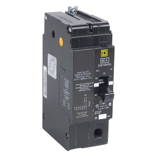 Schneider Electric EDB14040SA Square D by Schneider Electric EDB14040SA is a Miniature Circuit Breaker (MCB) designed for bolt-on mounting with a visual trip indicator. It features lugs type terminals and operates at a rated voltage of 277 V AC. This MCB is equipped with short-circuit and overload protection functions, serving as an Equipment Protection Device (EPD) and Circuit Breaker (CB) with a shunt trip coil, having a breaking capacity code D. It offers an aluminium lugs connection and supports a rated current of 40A across 1 Pole(s). The cross-section compatibility ranges from 12-2/0AWG. Its short circuit breaking rating is specified at 25kA for 120Vac, 18kA for 240Vac, and 18kA for 277Vac. The EDB14040SA utilizes a thermal-magnetic trip unit with protection settings at a trip unit rating of 1800A. EDB14040SA on Powermatic Associates