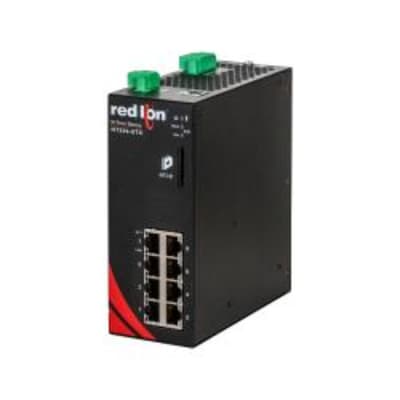 Red Lion NT24K-8TX-PT Red Lion NT24k-8TX-PT is an all-Gigabit (GbE/GigE) industrial managed Ethernet switch designed for robust and secure network management. It supports SNMP v1, v2, v3, and web browser management, along with SSH/SSL/HTTPS for secure communication. The device features IEEE 802.1x with RADIUS for remote server authentication, Multi-Member N-Ring technology ensuring 30ms healing for network redundancy, and N-Link Redundant Ring technology. It is equipped with N-View monitoring technology, EtherNet/IP CIP messaging, and web configuration for efficient network setup and monitoring. The switch offers IGMP auto configuration, 802.1Q tag VLAN and Port VLAN for network segmentation, 802.1p QoS and Port QoS for traffic prioritization, SNTP for time synchronization, and an event log/syslog for record keeping. It supports port trunking and port mirroring for enhanced network functionality. The switch can handle up to 16k MAC addresses. Designed for DIN rail mounting, it operates in ambient air temperatures ranging from -40 to +85°C. This PTP version comes with 8 RJ45 ports (10/100/1000BaseTX) for connectivity, belongs to the N-Tron NT24k series, and is housed in a metallic case. It requires a supply voltage of 10-49Vdc (12Vdc / 24Vdc / 48Vdc) and offers ESD and surge protection on power inputs for increased durability. NT24K-8TX-PT on Powermatic Associates