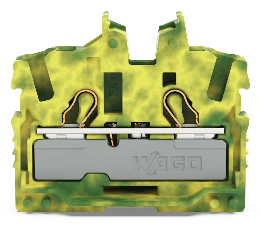 WAGO 2052-307 2052-307 WAGO - 2-conductor miniature through terminal block; with operating slots; 2.5 mm²; End terminal block with mounting flange; side and center marking; with test port; Push-in CAGE CLAMP®; 2,50 mm²; green-yellow 2052-307 on Powermatic Associates
