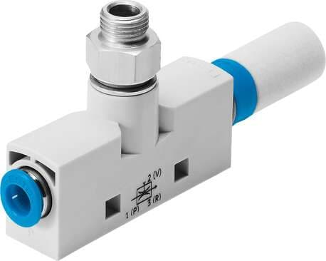 Festo 193528 vacuum generator VN-10-H-T3-PQ2-VA4-RO1 Standard, high vacuum, width 14 mm, T shape with plug connector and open silencer. Vacuum connection with male thread. Nominal size, Laval nozzle: 0,95 mm, Grid dimension: 14 mm, Design, silencer: open, Assembly pos 193528 on Powermatic Associates