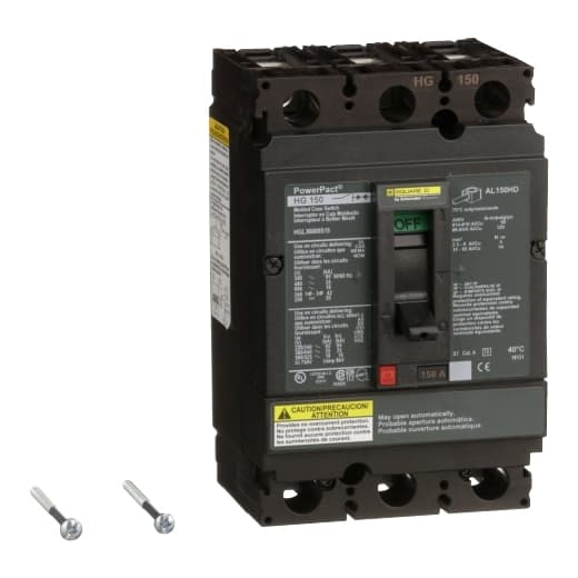Schneider Electric HGL36000S15 Square D by Schneider Electric HGL36000S15 is a front-operated toggle moulded case non-fusible automatic switch-disconnector designed for PowerPact H-Frame 150 TMD 3P 150A 600Vac 18kA with lugs on both load and line sides. This 3-pole (3P) switch-disconnector has a rated current of 150A, a rated insulation voltage (Ui) of 750 V, and a rated voltage (AC) of 600Vac 600Y/347Vac. It is designed for individual unit mount on plate, with a net height of 163 mm, a net width of 105 mm, and a net depth of 111 mm. The degree of protection is IP40, and it operates manually via a toggle. The rated operating voltage (Ue) is 600 V, with a rated impulse voltage (Uimp) of 8 kV. The trip current rating and frame current rating are both 150 AT and 150 AF, respectively. It has a short circuit breaking rating of 65kA at 240Vac, 35kA at 480Vac and 480Y/277Vac, 18kA at 600Vac and 600Y/347Vac, and 20kA at 250Vdc and 500Vdc, all according to UL489. The utilisation category is A. HGL36000S15 on Powermatic Associates