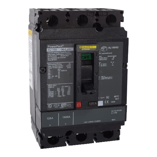 Schneider Electric HJL36125T Square D by Schneider Electric HJL36125T is a Moulded Case Circuit Breaker (MCCB) within the PowerPacT HJL sub-range. It features a removable/interchangeable trip unit PowerPact H-Frame 150 TMD with 3 poles (3P) and a rated current of 125A. This MCCB is designed for a rated insulation voltage (Ui) of 750 V, rated voltage (AC) of 600Vac/600Y/347Vac, and a rated voltage (DC) of 250Vdc. It offers thermal protection for overload and magnetic protection for short-circuit situations. The connection type includes lugs on both load and line sides, and it is designed for individual unit mount on plate. The net dimensions are 163 mm in height, 104 mm in width, and 86 mm in depth, with a degree of protection of IP40. The operating mode is manual toggle, and it has fixed protection settings for over-current at 125A and short-circuit protection with hold current fixed at 900A and trip current fixed at 1700A. The rated operating voltage (Ue) is 690 V, with a rated impulse voltage (Uimp) of 8 kV. The trip current rating is 125 AT, frame current rating is 150 AF, and it has a short circuit breaking rating that varies with voltage, up to 100kA at 240Vac according to UL489 standards. The trip unit type is thermal-magnetic (fixed) with no display, and it falls under utilisation category A. HJL36125T on Powermatic Associates