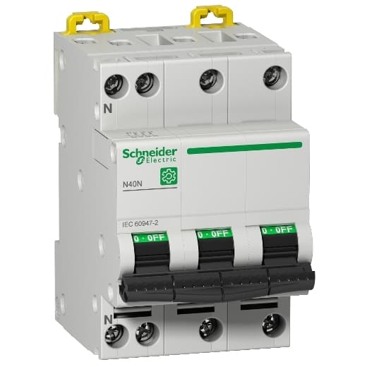 Schneider Electric M9P22725 Schneider Electric M9P22725 is a Miniature Circuit Breaker (MCB) within the N40N sub-range, designed with 4 poles and a rated current of 25A. It features a rated insulation voltage (Ui) of 500 V and a rated impulse voltage (Uimp) of 6 kV. The MCB operates with a rated voltage (AC) of 240 V phase-to-neutral and has 3 protected poles. It is characterized by a tripping curve C, which specifies its tripping characteristics. M9P22725 on Powermatic Associates