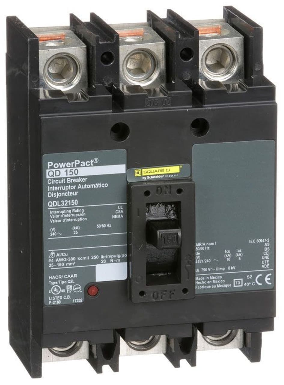 Schneider Electric QDL32150 Square D by Schneider Electric QDL32150 is a Moulded Case Circuit Breaker (MCCB) designed for individual unit mount on plate. It features a PowerPact Q-Frame 250 TMD with 3 poles (3P) and a rated current of 150A. This breaker operates at a rated voltage of 240Vac and has a net height of 114 mm, width of 164 mm, and depth of 100 mm. The connection type includes lugs on both load and line sides. It belongs to the PowerPacT QDL sub-range and offers thermal protection for overload and magnetic protection for short-circuit with a trip current rating of 150 AT. The frame current rating is 250 AF, and it has a short circuit breaking rating of 25kA at 240Vac, complying with UL489 standards. The trip unit type is thermal-magnetic (fixed) without a display. It is categorized under utilisation category A, with protection settings over-current fixed at 150A, short-circuit hold current fixed at 1200A, and short-circuit trip current fixed at 2400A. QDL32150 on Powermatic Associates
