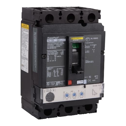 Schneider Electric HJL36100U33X Square D by Schneider Electric HJL36100U33X is a Moulded Case Circuit Breaker (MCCB) within the PowerPacT HJL sub-range, featuring a PowerPact H-Frame 150 Micrologic 3.2S (LSI) design. It is a 3-pole (3P) device with a rated current of 100A and offers protection functions including Long-time (L), Short-time with fixed time delay (S), and Instantaneous (I) protection. The breaker is designed for 600Vac/250Vdc with a 25kA short circuit breaking rating at 600Vac and a 20kA rating at 250Vdc, utilizing lugs on both load and line sides for connection. It has a rated insulation voltage (Ui) of 750V, a rated operating voltage (Ue) of 690V, and a rated impulse voltage (Uimp) of 8kV. The device is mounted individually on a plate, with dimensions of 163mm in height, 104mm in width, and 86mm in depth, and it features a degree of protection of IP40. The operating mode is manual toggle, and the protection settings are adjustable for overload (0.35...1 x In), short-circuit with time delay (1.5...10 x lr), and instantaneous short-circuit protection (1.5...15 x In). The trip unit is an electronic Micrologic Standard 3.2S (LSI) with no display, and it falls under utilisation category A. HJL36100U33X on Powermatic Associates
