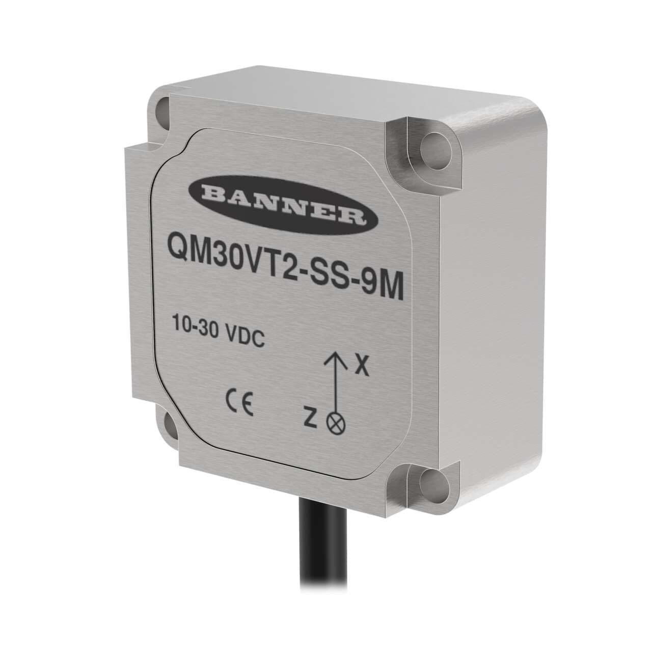 Banner QM30VT2-SS-9M Vibration and Temperature Sensor; Modbus Slave Device via RS-485; 9.1 m (30.0 ft) Flying Leads; Stainless Steel IP69K Housing QM30VT2-SS-9M on Powermatic Associates