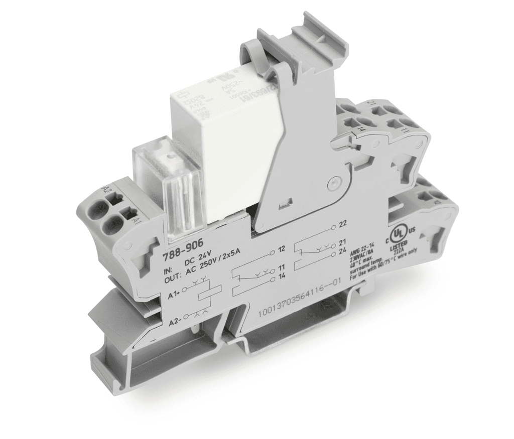 WAGO 788-906 788-906 WAGO - Relay module with driven contacts; Nominal input voltage: 24 VDC; 2 changeover contacts; Limiting continuous current: 0.3 A; Green status indicator; Module width: 15 mm 788-906 on Powermatic Associates