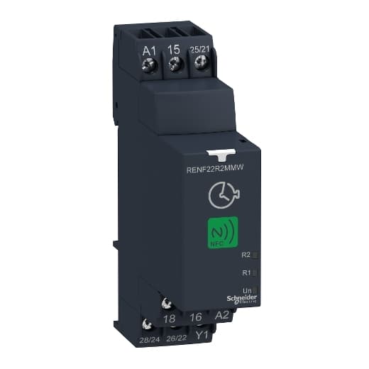 Schneider Electric RENF22R2MMW Schneider Electric RENF22R2MMW is a digital timer featuring modular timer relay capabilities with configuration accessible via an Android mobile application and NFC. It supports a variety of functions including Ak, Qtt, Ad, Di, Ac, Pt, Dt, P, Ht, Bw, L, C, H, Dit, Tt, B, D, O, Li, Tl, Lt, Ah, N, A, Qt, Lit, At, W. The control signal pulse width is 100ms with a load and 60ms without a load, alongside a recovery time of 120ms upon de-energisation and a power-on delay of 100ms. Operating at an NFC frequency of 13.56MHz, it has a maximum communication distance of 10mm and a response time of 2 seconds. Designed for DIN rail mounting, it has a rated current of 8 A and falls under the RENF22 sub-range. The device offers an IP40 degree of protection and is housed in self-extinguishing plastic. Power consumption is rated at 3 VA (240Vac), and it features SPDT (Single Pole Double Throw) contacts for both timed and instantaneous operations across three relays. The rated impulse voltage stands at 5 kV, with a phase-to-neutral rated voltage of 250 V and a supply voltage range of 24-240 V (minimum 20.4 V). It includes a green LED for power indication, an amber LED for relay energization, and a blinking amber LED for timing progress. The electrical durability is noted at 100,000 operations for resistive loads at 250Vac and 10,000,000 operations overall. Time delay settings range from 0.1s to 999h (0.1 to 3,596,400 seconds), with operational temperature limits between -20°C and +60°C. RENF22R2MMW on Powermatic Associates
