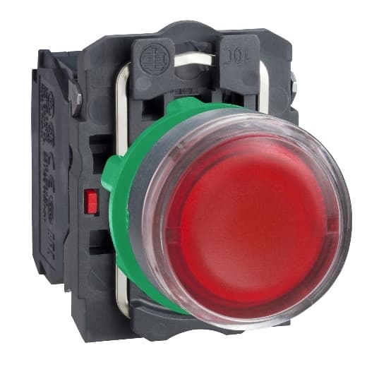 Schneider Electric XB5AW34B5 Schneider Electric XB5AW34B5 is an illuminated flush push-button designed for automation control systems. This component, part of the XB5 sub-range, features a plastic body and bezel with a round shape and a plain lens type. It offers a degree of protection rated at IP66, making it suitable for use in environments where dust and water resistance are necessary. The push-button operates with a spring-return mechanism, providing momentary (impulse) activation. It includes 1 Normally Open (NO) and 1 Normally Closed (NC) auxiliary contacts for integration into various circuit designs. The XB5AW34B5 is equipped with an integral LED for illumination, with the light color being red. It operates on a supply voltage of 24 V, accommodating both AC and DC sources, and is compatible with network frequencies of 50/60 Hz. The diameter of the push-button is 22 mm, and it utilizes screw-clamp terminals for secure wire connections. XB5AW34B5 on Powermatic Associates