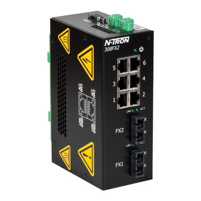 Red Lion 308FX2-N-SC Red Lion 308FX2-N-SC is an Ethernet switch designed for industrial process control with monitored Ethernet switch capabilities and N-View Remote Monitoring Technology. It operates on a supply voltage of 10-30Vdc, including redundant power inputs, and features 6 RJ45 ports supporting 10/100BaseTX, along with 2 fiber optic SC connectors for multi-mode fiber with a 2km rated optical fiber length. The device is designed for DIN rail mounting in a metallic case and operates within an ambient air temperature range for storage of -40 to +70 degrees Celsius. It supports Ethernet speeds and is part of the N-Tron 300-N series, classified under the UNSPSC code specific to its category. The switch is equipped with 8 ports and is designed to withstand a rated impulse voltage (Uimp) specific to Ethernet applications. 308FX2-N-SC on Powermatic Associates