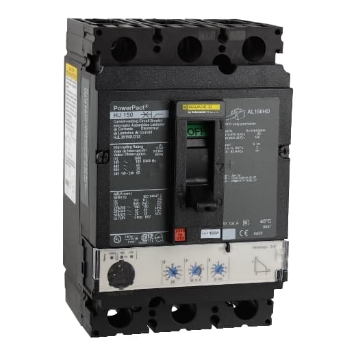 Schneider Electric HJL36150U31X Square D by Schneider Electric HJL36150U31X is a Moulded Case Circuit Breaker (MCCB) from the PowerPacT HJL sub-range, featuring a PowerPact H-Frame 150 Micrologic 3.2 (LI) design. It is a 3-pole (3P) device with a rated current of 150A and offers both long-time (L) and instantaneous (I) protection functions. The breaker is designed for individual unit mount on plate, with lugs on both load and line sides for connection. It has a rated insulation voltage (Ui) of 750 V, rated voltage (AC) of 600Vac 600Y/347Vac, and a rated voltage (DC) of 250Vdc. The device operates manually via a toggle and has protection settings adjustable for overload (0.3...1 x In, 50A...150A) and short-circuit (1.5...15 x In, 225A...2250A) conditions. It features a net height of 163 mm, width of 104 mm, and depth of 86 mm, with a degree of protection of IP40. The rated operating voltage (Ue) is 690 V, with a rated impulse voltage (Uimp) of 8 kV. The trip current rating is 150 AT, with a frame current rating of 150 AF. Its short circuit breaking rating varies by voltage, including 100kA at 240Vac, 65kA at 480Vac and 480Y/277Vac, 25kA at 600Vac and 600Y/347Vac, and 20kA at 250Vdc, all according to UL489 standards. The trip unit type is an electronic Micrologic Standard 3.2 (LI) with no display, and it falls under utilisation category A. HJL36150U31X on Powermatic Associates