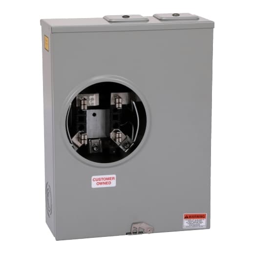 Schneider Electric U92197CCCPL Square D by Schneider Electric U92197CCCPL is a meter center main unit designed for surface mounting. It features a single ringless meter socket with 4 jaws, without a jaw release mechanism, and does not include a bypass function. The enclosure is made of steel, ensuring durability. For connections, it utilizes lugs that accommodate 0.5" hex. The unit's dimensions are H435mm x W330mm x D125mm (H17.13" x W13" x D4.94"), with a rated current of 200A. It offers a degree of protection rated at NEMA 3R, suitable for outdoor use. The U92197CCCPL is designed for a single-phase (1PH-3W) network and can handle a maximum voltage of 600Vac. U92197CCCPL on Powermatic Associates