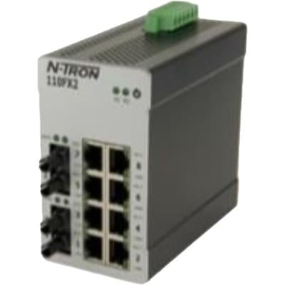 Red Lion 110FXE2-ST-15 Red Lion 110FXE2-ST-15 is an industrial Ethernet switch designed for robust networking applications. It operates with a supply voltage range of 10-49Vdc, including 12Vdc, 24Vdc, and 48Vdc, supported by redundant power inputs. This switch features 8 RJ45 ports supporting 10/100BaseTX and 2 fiber optic ST connectors for single-mode fiber with a 15km rated optical length, suitable for 100BaseFX current rating. It is designed to be mounted on a DIN rail within a metallic case, ensuring compatibility with environments requiring an IP30 rating. The ambient air temperature range for storage is specified from -40 to +80 degrees Celsius. The 110FXE2-ST-15 is part of the N-Tron 100 series, identified by the UNSPSC code for Ethernet switches, and is equipped with technology that supports Ethernet speed and connectivity. 110FXE2-ST-15 on Powermatic Associates