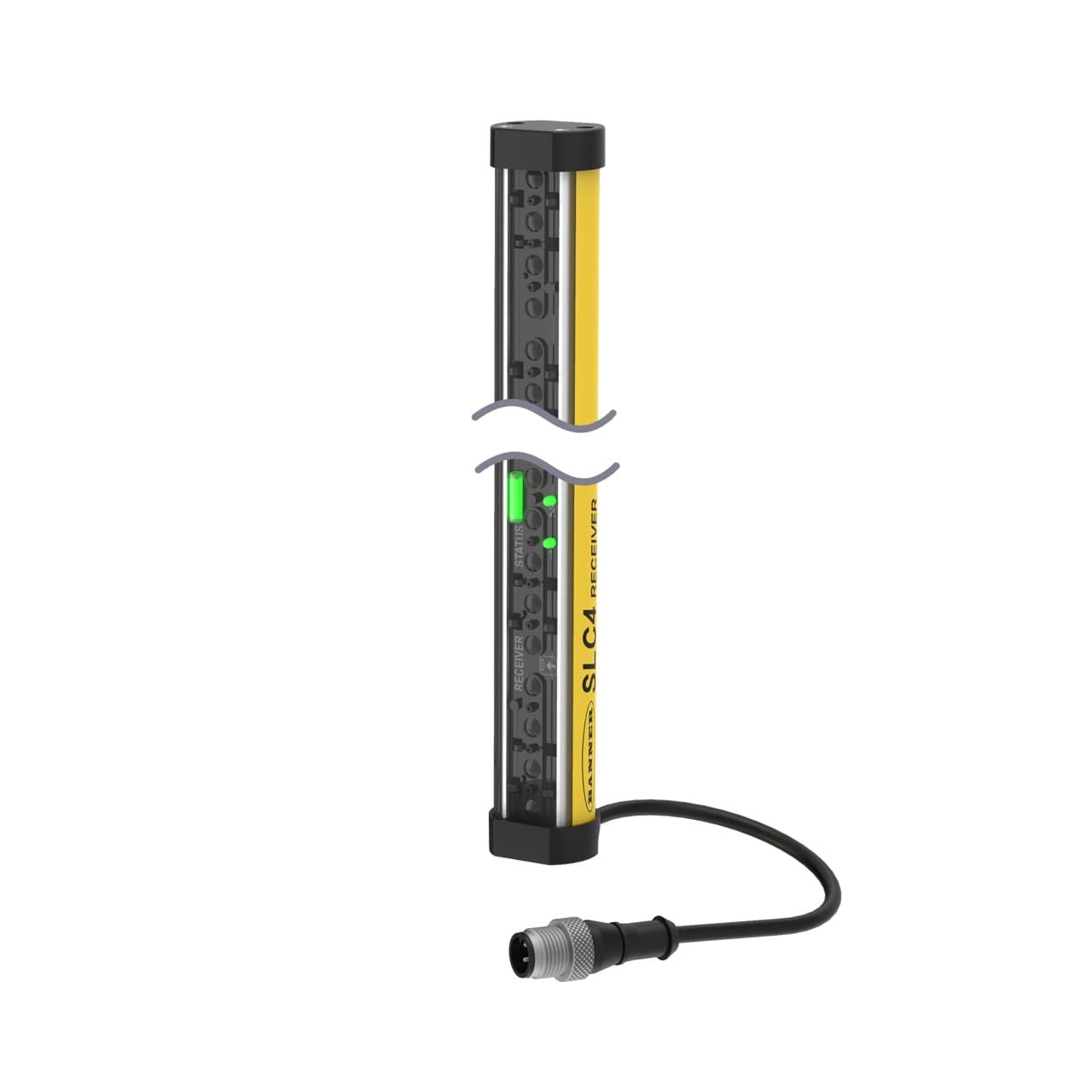Banner SLC4R24-320P4 Banner Engineering SLC4R24-320P4 is a safety light curtain designed for hand detection with a protective height of 320mm and a resolution of 24mm. It features a polycarbonate housing and end cap in yellow, ensuring visibility. This model is pre-wired with a 300mm pigtail that terminates with a 4-pin Euro-style M12 connector for easy installation. It operates on a 24Vdc supply voltage and can function within an ambient air temperature range of -20 to +55°C. The SLC4R24-320P4 offers a degree of protection rated at IP65, making it suitable for various industrial environments. It has a net width of 27mm, a net height of 333mm, and a net depth of 23mm, with a 24mm beam spacing/pitch. The sensing distance ranges from 10cm to 2m. Additionally, it is equipped with 2 x digital outputs (24Vdc; 300mA; sourcing; redundant OSSD solid-state outputs) for enhanced safety measures. SLC4R24-320P4 on Powermatic Associates
