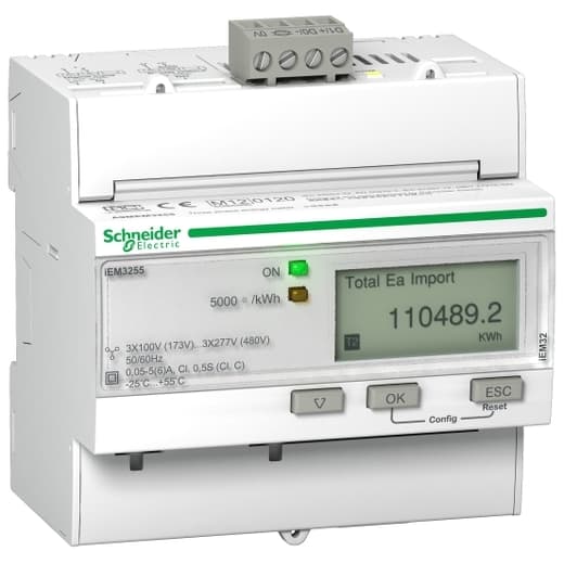 Schneider Electric A9MEM3255 Schneider Electric A9MEM3255 is a digital energy meter within the iEM sub-range, featuring an 8-digit graphic LCD display. It supports Modbus communication protocol and includes 1 Digital Input (DI) and 1 Digital Output (DO) with the capability to manage 4 tariffs. This meter is designed for mounting on a DIN rail and offers a degree of protection rated at IP40. It is compatible with various types of networks including 1P+N, 3P, and 3P+N, and operates within a network frequency range of 50-60 Hz. The ambient air temperature range for operation is specified from -25 to +55 °C. The A9MEM3255 has a sampling rate of 1,600 Hz for 50Hz networks and 1,920 Hz for 60Hz networks, with a supply voltage range of 277-480 V at 50-60Hz. Its measurement functions include voltage and current, with secondary current options for CT secondary current at 1 A and 5 A. A9MEM3255 on Powermatic Associates