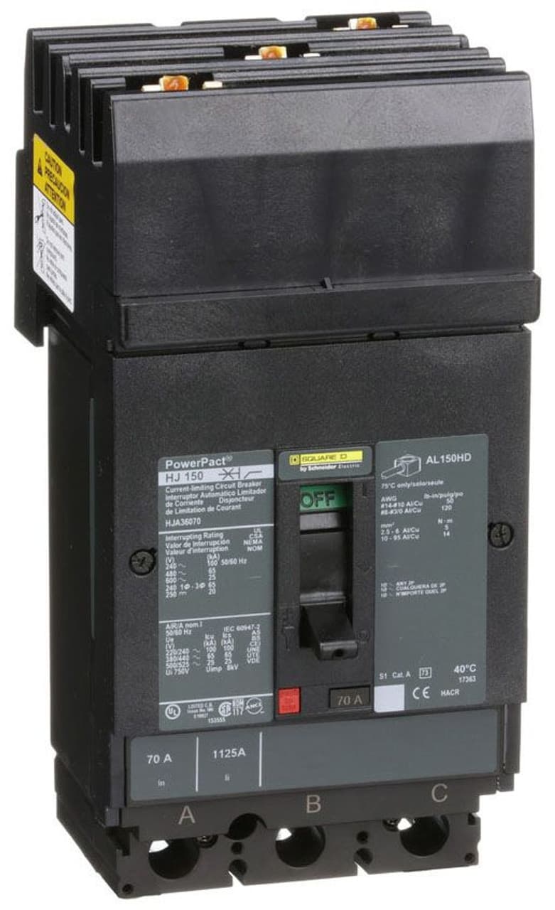Schneider Electric HJA36070 Square D by Schneider Electric HJA36070 is a Moulded Case Circuit Breaker (MCCB) within the PowerPacT HJA sub-range, featuring a PowerPact H-Frame 150 TMD design. It is a 3-pole (3P) device with a rated current of 70A and offers both thermal protection (overload) and magnetic protection (short-circuit). This MCCB has an I-line connection for ABC phases, with a rated insulation voltage (Ui) of 750 V and rated voltages of 600Vac/600Y/347Vac and 250Vdc. It is designed for mounting on I-line with line side isolated plug-on jaws plus a mechanical I-Line bracket mechanism. The device has a net height of 163 mm, a width of 104 mm, and a depth of 86 mm. It provides a degree of protection of IP40 and operates manually via a toggle. Protection settings include over-current fixed at 70A, short-circuit hold current fixed at 800A, and short-circuit trip current fixed at 1450A. The rated operating voltage (Ue) is 690 V, with a rated impulse voltage (Uimp) of 8 kV. The trip current rating is 70 AT, with a frame current rating of 150 AF. Its short circuit breaking rating varies by voltage, up to 100kA at 240Vac according to UL489 standards. The trip unit type is thermal-magnetic (fixed) without a display, and it falls under utilisation category A. HJA36070 on Powermatic Associates