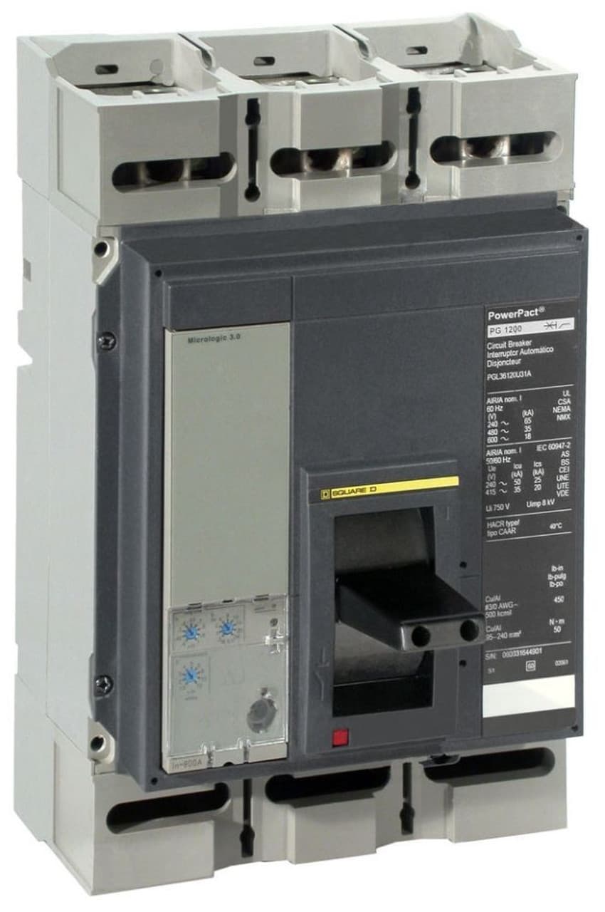 Schneider Electric PJL36120 Square D by Schneider Electric PJL36120 is a molded case circuit breaker (MCCB) designed for mounting on a plate. This 100% rated device features a rated current of 1200A and operates with a connection type of lugs on both the load and line sides. It falls under the PowerPact PJL sub-range and is designed to work with a rated voltage of 600V AC. The PJL36120 is a 3-pole device offering protection functions including long-time (L) and instantaneous (I) protection. It has a trip current rating and a frame current rating of 1200 AT and 1200 AF, respectively. The short circuit breaking ratings are specified as 100kA at 240Vac, 65kA at 480Y/277Vac and 480Vac, and 25kA at 600Y/347Vac and 600Vac. All three poles are protected, and the device utilizes an ET3.0 (LI) electronic trip unit type. PJL36120 on Powermatic Associates