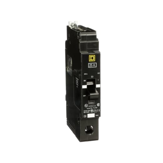 Schneider Electric EGB14025 Square D by Schneider Electric EGB14025 is a Miniature Circuit Breaker (MCB) designed for bolt-on mounting with a visual trip indicator. It features lugs type terminals and is rated for 277V AC. This MCB offers protection functions against short-circuit and overload conditions and serves as both an Equipment Protection Device (EPD) and a Circuit Breaker (CB) with a breaking capacity code G. It utilizes an aluminium lugs connection and supports a rated current of 25A across 1 Pole(s). The cross-section compatibility is 14-6AWG for a single copper cable. Its short circuit breaking rating is specified at 65kA for 120Vac, 35kA for 240Vac, and 35kA for 277Vac. The EGB14025 employs a thermal-magnetic trip unit with protection settings at a trip unit rating of 875A. EGB14025 on Powermatic Associates