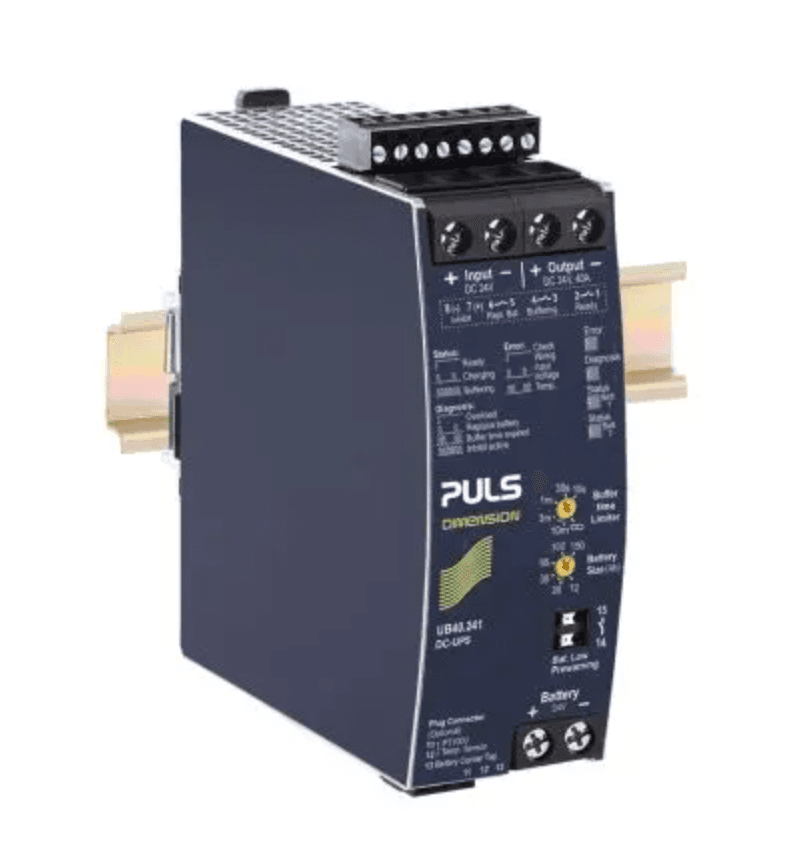 Puls UB40.241 PULS UB40.241 is an Uninterruptible Power Supply (UPS) control module from the UB-series, designed with an external battery and a green status LED. It features a DC/DC UPS control mechanism housed in an aluminium casing. The dimensions of this product are W46mm x H124mm x D127mm. It operates on a supply voltage range of 18Vdc to 30Vdc, with a nominal voltage of 24Vdc. The rated current varies under different conditions: 50A at 24Vdc below +50°C, 60A in buffer mode for less than 5 seconds at full output voltage, 40A at 24Vdc between +50°C and +60°C, and 30A at 24Vdc between +60°C and +70°C. This unit is designed for DIN rail mounting and can operate in ambient air temperatures ranging from -25°C to +70°C. The current consumption is 3.2A or 4A at a 24Vdc input. It is compatible with DC networks and includes protection against output overvoltage up to 32Vdc max. The output voltage is stable at 24Vdc, with an efficiency of 0.993 at 24Vdc input. Power dissipation/losses are 6W and 9.9W under specified conditions. Its electrical durability is rated at various hours depending on the operating conditions, highlighting its longevity in different environments. UB40.241 on Powermatic Associates