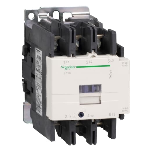 Schneider Electric LC1D806F7 Schneider Electric LC1D806F7 is a magnetic contactor from the Deca sub-range, designed for ring-lugs connections. It features 3 poles (3P; 3NO) and is rated for currents of 125A (AC-1) and 80A (440Vac; AC-3). This contactor is suitable for DIN rail mounting and has a net width of 85 mm. It offers a degree of protection rated at IP20 and operates with a control voltage (AC) range of 88-121Vac (110Vac nominal; 50Hz; 0.8...1.1 x Uc) and 93.5-121Vac (110Vac nominal; 60Hz; 0.85...1.1 x Uc). The rated operating voltage (Ue) is up to 1000 V, and it includes 1 normally open (NO) auxiliary contact and 1 normally closed (NC) auxiliary contact, with a contacts type of 1NO+1NC instantaneous aux. The rated impulse voltage (Uimp) is 8 kV. It supports rated active power (kW) of 22kW (220-230Vac; AC-3) up to 55kW (500Vac; AC-3), and 45kW for voltages ranging from 415Vac to 1000Vac (AC-3). The rated power (HP) spans from 7.5HP at 115Vac to 60HP at 575-600Vac, covering both single-phase and 3-phase applications. Mechanical durability is specified at 4,000,000 operations, and electrical durability at 1,500,000 operations with load. The rated voltage (AC) for phase-to-phase applications is 1000 V. LC1D806F7 on Powermatic Associates
