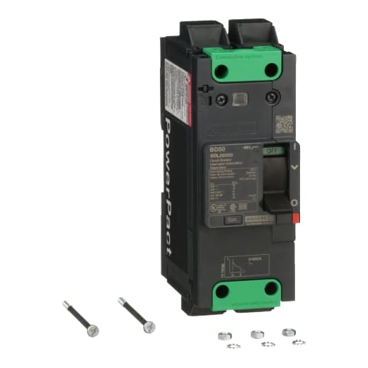 Schneider Electric BDL26050 Square D by Schneider Electric BDL26050 is a Moulded Case Circuit Breaker (MCCB) within the PowerPacT BDL sub-range, featuring a PowerPact B-Frame 100 TMD 2P 50A design for 600Y/347Vac with a 14kA breaking capacity and 80% rated Everlink (Creep compensating) lugs on both line and load sides. It has a rated impulse voltage (Uimp) of 8 kV, connection type of Everlink lugs, and offers a degree of protection of IP40. The rated current is 50A, with a rated voltage (AC) of 600Vac 600Y/347Vac, and it has a mechanical durability of 20,000 operations. This MCCB is designed for fixed mounting on DIN rail or as an individual unit mount on a plate, featuring 2 poles (2P), with dimensions of 137 mm in height, 80 mm in depth, and 54 mm in width. It falls under utilisation category A, with protection settings including over-current fixed at 50A, short-circuit hold current fixed at 480A, and short-circuit trip current fixed at 720A. The rated voltage (DC) is 250Vdc, with a rated insulation voltage (Ui) of 800 V, and a rated operating voltage (Ue) of 525 V. It provides thermal protection (Overload) and magnetic protection (Short-circuit), with a trip current rating of 50 AT, electrical durability (with load) of 10,000 operations at 440Vac; In, and a frame current rating of 100 AF. The operating mode is manual toggle, and it has a short circuit breaking rating of 25kA at 240Vac, 18kA at 480Vac and 480Y/277Vac, and 14kA at 600Y/347Vac according to UL489, with a trip unit type of Thermal-Magnetic (fixed) and no display. BDL26050 on Powermatic Associates