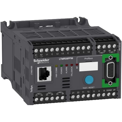 Schneider Electric LTMR08PFM Schneider Electric LTMR08PFM, part of the LTMR (TeSys T) sub-range, is designed for motor management with a variety of control modes including local via terminal block, local via HMI terminal, and remote via network. It supports operating modes such as overload, independent, reverser, 2-step, 2-speed, and custom mode. The part offers comprehensive fault management capabilities with manual, automatic, and remote reset options, alongside protection fault, alarm, diagnostic fault, and motor control function counters. It also includes fault history and diagnostics for internal watchdog faults, controller internal temperature, temperature sensor, current, and voltage connections, and motor control commands. The LTMR08PFM features a connection type of 3 measurement current transformers with screw-clamp terminals and uses the Profibus communication protocol. It is a 3 Pole device with protection functions against thermal overload, motor temperature, phase imbalance, phase failure, phase reversal, long starting time, locked rotor, minimum and maximum current load limit variations, and earth fault. It also includes a frequent starting protection mechanism. The rated current ranges from 0.4-8 A, with a maximum of 800 A using CT, and offers various protection settings for thermal overload, motor temperature, phase imbalance, phase failure, phase reversal, long starting time, locked rotor, current load limit variations, and earth fault. The supply voltage is AC 100-240 V, with a rated voltage (AC) phase-to-phase of 690 V at 50-60Hz. The minimum current is 0.4 A, and the maximum is 8 A. Measurement functions include current/phase, earth current, average current, current imbalance between phases, thermal capacity level, and motor temperature rise. LTMR08PFM on Powermatic Associates