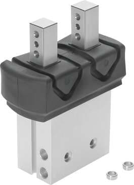 Festo 539636 parallel gripper HGP-16-A-B-SSK self-centring, can be used as internal and external gripper, for position sensing, with protective dust cap. Size: 16, Stroke per gripper jaw: 5 mm, Max. replacement accuracy: 0,2 mm, Repetition accuracy, gripper: < 0,04 mm 539636 on Powermatic Associates