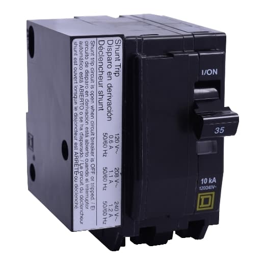 Schneider Electric QO2701021 Square D by Schneider Electric QO2701021 is a Miniature Circuit Breaker (MCB) featuring a shunt trip coil. It is designed for plug-in mounting and has a rated current of 70A with a plug-in connection type. This MCB operates at a rated voltage of 48Vdc and 120V/240V AC, accommodating a cross-section of 8-2AWG for 1 cable Al/Cu. It is a 2 Pole device with control voltage ranging from 120Vac to 208Vac. The short circuit breaking rating is specified at 10kA for 240Vac and 5kA for 48Vdc, and it utilizes box lugs as its type of terminals. QO2701021 on Powermatic Associates