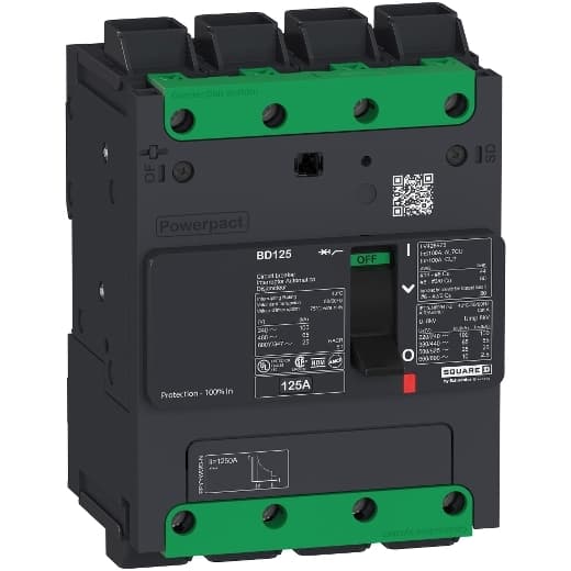 Schneider Electric BDL46030 Square D by Schneider Electric BDL46030 is a Moulded Case Circuit Breaker (MCCB) within the PowerPacT BDL sub-range, featuring a PowerPact B-Frame 100 TMD 4P 30A 600Y/347Vac 14kA design. It has a rated impulse voltage (Uimp) of 8 kV and utilizes Everlink (Creep compensating) lugs for connections on both line and load sides, offering a degree of protection of IP40. The rated current is 30A, with a rated voltage (AC) of 600Vac 600Y/347Vac. It is designed for mechanical durability of 20,000 operations at no load and can be mounted on a DIN rail or as an individual unit on a plate. This 4-pole (4P) circuit breaker has dimensions of 137 mm in height, 80 mm in depth, and 108 mm in width. It falls under utilisation category A and features protection settings including over-current fixed at 30A, short-circuit hold current fixed at 400A, and short-circuit trip current fixed at 600A. The rated voltage (DC) is 250Vdc, with a rated insulation voltage (Ui) of 800 V and a rated operating voltage (Ue) of 525 V. Protection functions include thermal protection for overload and magnetic protection for short-circuit, with a trip current rating of 30 AT. Its electrical durability with load is rated for 10,000 operations at 440Vac; In, and it has a frame current rating of 100 AF. The operating mode is toggle (manual), and it has a short circuit breaking rating of 25kA at 240Vac, 18kA at 480Vac, 18kA at 480Y/277Vac, 14kA at 600Y/347Vac, and 10kA at 250Vdc, all according to UL489 standards. The trip unit type is thermal-magnetic (fixed) with no display. BDL46030 on Powermatic Associates