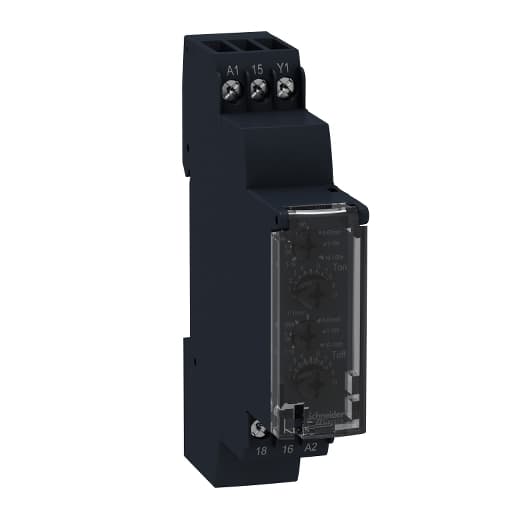Schneider Electric RE17LLBM Schneider Electric RE17LLBM is an analog timer designed for DIN rail mounting, featuring a modular design at 18mm / 1module. It offers dual function capabilities including Asymmetrical flashing relay (starting pulse-off) and Asymmetrical flashing relay (starting pulse-on) with pause/summation control signal. The timer has a rated current of 0.7 A and falls under the RE17L sub-range. It provides a degree of protection with IP40 for the housing, IP20 for the terminal block, and IP50 for the front panel. The housing material is self-extinguishing, ensuring durability. With a power consumption of 3 VA at 240Vac, it includes 1 x solid state output for contacts type. The rated impulse voltage stands at 5 kV, and it supports a supply voltage range of 24-240 V AC, with a minimum of 20.4 V. It boasts an electrical durability of 100,000,000 operations and offers a time delay range from 0.1s to 100h (0.1 to 360,000 s). The timer operates within a temperature range of -20°C to +60°C. RE17LLBM on Powermatic Associates