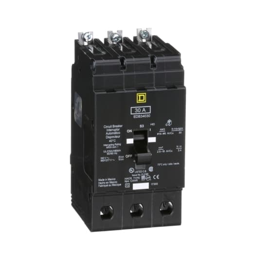 Schneider Electric EDB34030 Square D by Schneider Electric EDB34030 is a Miniature Circuit Breaker (MCB) designed for bolt-on mounting with a visual trip indicator. It features lugs type terminals and is rated for 480 V AC. This MCB offers short-circuit and overload protection functions, serving as both an Equipment Protection Device (EPD) and a Circuit Breaker (CB) with a breaking capacity code D. It utilizes an aluminium lugs connection and supports a rated current of 30A across 3 poles. The cross-section compatibility is 14-6AWG for one copper cable. Its short circuit breaking rating is specified at 25kA for both 120Vac and 240Vac, and 18kA for 480Y/277Vac. The EDB34030 employs a thermal-magnetic trip unit with protection settings at a trip unit rating of 875A. EDB34030 on Powermatic Associates