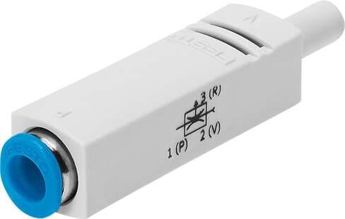 Festo 193587 vacuum generator VN-05-M-I2-PQ1-VT1 In-line, high vacuum, width 14 mm, with plug connector and push-in sleeve. Nominal size, Laval nozzle: 0,45 mm, Grid dimension: 10 mm, Assembly position: Any, Ejector characteristic: (* High vacuum, * Inline), Design st 193587 on Powermatic Associates