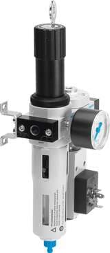 Festo 195030 service unit LFRS-1/4-D-MINI-KE With lockable regulator head and pressure gauge, for nominal pressure 12 bar, for unlubricated compressed air. Size: Mini, Series: D, Actuator lock: Rotary knob with integrated lock, Assembly position: Vertical +/- 5°, Grad 195030 on Powermatic Associates