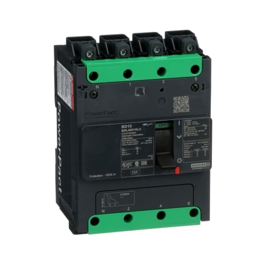 Schneider Electric BDL46015LU Square D by Schneider Electric BDL46015LU is a Moulded Case Circuit Breaker (MCCB) within the PowerPacT BDL sub-range, featuring a PowerPact B-Frame 100 TMD 4P 15A 600Y/347Vac 14kA design. It includes Everlink (Creep compensating) lugs on both line and load sides and a Control Wire terminal (CWT) on the line side only. This MCCB offers a degree of protection of IP40 and has a rated current of 15A with a rated voltage of 600Vac 600Y/347Vac. It is designed for fixed mounting on a DIN rail or as an individual unit mount on a plate, with a 4-pole (4P) configuration. The net dimensions are 137 mm in height, 80 mm in depth, and 108 mm in width. It falls under utilisation category A and features over-current protection fixed at 15A, short-circuit hold current fixed at 400A, and short-circuit trip current fixed at 600A. The rated insulation voltage (Ui) is 800 V, with a rated operating voltage (Ue) of 525 V, and it provides thermal and magnetic protection functions. The trip current rating is 15 AT, with a frame current rating of 100 AF. It operates manually via a toggle and has a short circuit breaking rating that varies by voltage, including 25kA at 240Vac, 18kA at 480Vac and 480Y/277Vac, and 14kA at 600Y/347Vac, according to UL489 standards. The trip unit type is thermal-magnetic (fixed) without a display. BDL46015LU on Powermatic Associates