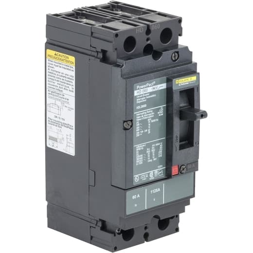 Schneider Electric HDL26060C Square D by Schneider Electric HDL26060C is a Moulded Case Circuit Breaker (MCCB) within the PowerPacT HDL sub-range, designed with a PowerPact H-Frame 150 TMD 2P 60A 600Vac/250Vdc 14kA with lugs 100% rated. It features a 2-pole (2P) configuration and offers thermal protection for overload and magnetic protection for short-circuit scenarios. The rated current is 60A, with a rated insulation voltage (Ui) of 750 V, and it operates at a rated voltage (AC) of 600Vac 600Y/347Vac. This unit is designed for individual unit mount on plate, with dimensions of 163 mm in height, 104 mm in width, and 86 mm in depth. It has a degree of protection of IP40 and operates with a toggle (manual) mechanism. Protection settings include over-current fixed at 60A, short-circuit hold current fixed at 800A, and short-circuit trip current fixed at 1450A. The rated operating voltage (Ue) is 690 V, with a rated impulse voltage (Uimp) of 8 kV. The trip current rating is 60 AT, with a frame current rating of 150 AF. It has a short circuit breaking rating of 25kA (240Vac; UL489), 18kA (480Vac; UL489), 18kA (480Y/277Vac; UL489), 14kA (600Vac; UL489), 14kA (600Y/347Vac; UL489), and 20kA (250Vdc; UL489). The trip unit type is thermal-magnetic (fixed) with no display, and it falls under the utilisation category A. Connections are made via lugs on both load and line sides. HDL26060C on Powermatic Associates