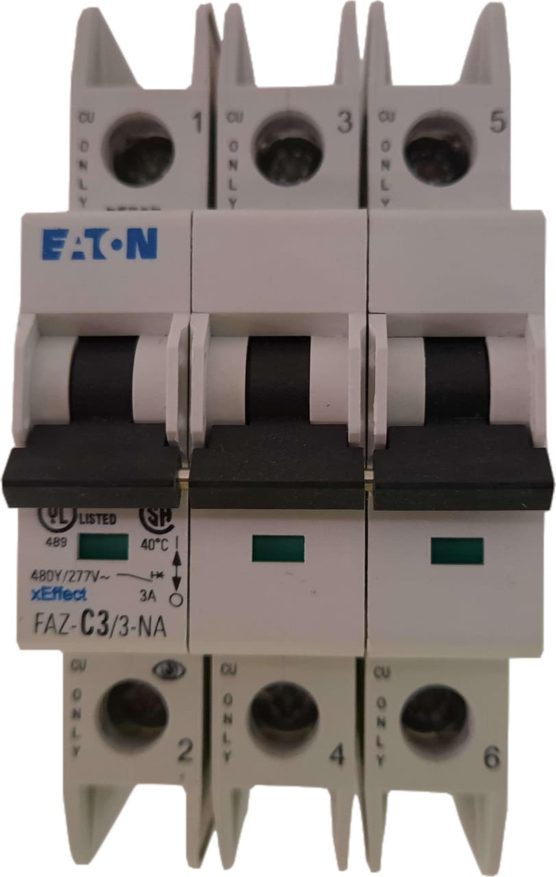 Eaton FAZ-C3/3-NA 277/480 VAC 50/60 Hz, 3 A, 3-Pole, 10/14 kA, 5 to 10 x Rated Current, Screw Terminal, DIN Rail Mount, Standard Packaging, C-Curve, Current Limiting, Thermal Magnetic FAZ-C3/3-NA on Powermatic Associates