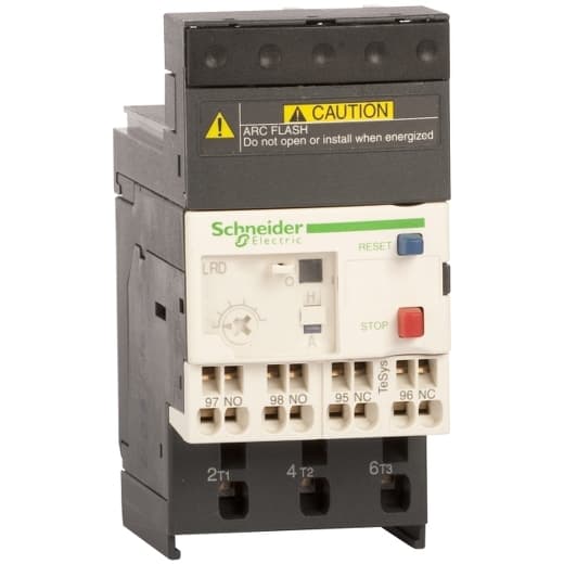 Schneider Electric LRD103 Schneider Electric LRD103 is a differential thermal overload relay designed for direct connection to a contactor with outgoing cables featuring spring-type fast connections for both the upstream and control circuit. This 3-pole device offers Class 10A protection functions and is rated for currents between 4-6 A. It includes protection settings for thermal overload within the same range. The LRD103 is equipped with 1 Normally Open (NO) and 1 Normally Closed (NC) auxiliary contacts. It supports a rated voltage (AC) phase-to-phase of up to 690 V at frequencies ranging from 0 to 400Hz, with a minimum operating current of 4 A and a maximum of 6 A. LRD103 on Powermatic Associates