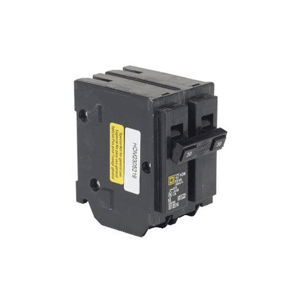 Schneider Electric HOM230 Square D by Schneider Electric HOM230 is a Miniature Circuit Breaker (MCB) designed for plug-in connection. It features 2 poles and is rated for a current of 30A with a voltage rating of 120V to 240V AC. The mounting mode for this MCB is plug-in, accommodating a cross-section of 14-8AWG for one aluminum or copper cable and 14-10AWG for two copper cables. It has a short circuit breaking rating of 10kA at 120Vac and is equipped with screw clamp terminals for secure connections. HOM230 on Powermatic Associates