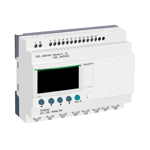 Schneider Electric SR2B201FU Schneider Electric SR2B201FU is a compact smart/programmable control unit designed for DIN rail mounting. It falls under the SR2 sub-range and is equipped with 20 I/Os featuring contact outputs. This controller operates within an ambient air temperature range of -20 to +55°C and offers a memory capacity of 120 lines for ladder programming or 200 lines for FBD programming. The front panel of the SR2B201FU is rated at IP40 for protection, while the terminal block is rated at IP20. It supports a network frequency of 50/60 Hz and has 8 digital contact outputs. The current consumption is 0.1 A at 100V without extension and 0.05 A at 240V without extension. It includes protection functions such as reverse polarity and a program memory check on each power-up. The supply voltage requirement is AC 100-240 V, and it features screw-clamp terminals. The electrical durability with load is 500,000 operations, and the processing time ranges from 6 to 90 ms. Its mechanical durability at no load reaches 10,000,000 operations. The SR2B201FU is equipped with an LCD display, operates at a rate of 36,000 cycles/hour without load and 360 cycles/hour at Ie, and performs a program memory measurement function on each power-up. SR2B201FU on Powermatic Associates