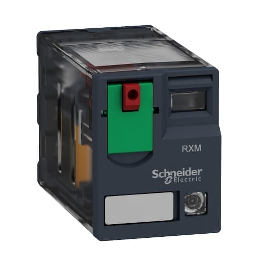 Schneider Electric RXM4AB2B7 Schneider Electric RXM4AB2B7 is a miniature plug-in relay within the RXM sub-range, featuring 4C/O - 4PDT (4 Pole Double Throw) contacts made from an Ag/Ni - Silver - Nickel alloy. It operates with a control voltage of 24 Vac and is rated for currents up to 6 A at both 250 Vac (AC-1) and 28 Vac (DC-1). Designed for plug-in mounting, this relay can function within an ambient air temperature range of -40 to +55 °C and offers a degree of protection rated at IP40. It has a current consumption of 0.05 A and a power consumption of 1.2 VA. The RXM4AB2B7 is equipped with an LED visual position indicator and boasts an electrical durability of 100,000 operations under resistive load and a mechanical durability of 10 million operations at no load. Additionally, it features a Lockable Test Button (LTB) for latching purposes. RXM4AB2B7 on Powermatic Associates