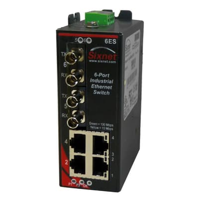 Red Lion SL-6ES-5SCL Red Lion SL-6ES-5SCL is an industrial Ethernet switch within the Sixnet SL series, featuring a polycarbonate plastic case. It is equipped with 4 RJ45 ports supporting 10/100BaseTX and 2 fiber optic SC connectors for single-mode 100BaseFX with a 60km rated optical fiber. The switch operates on a supply voltage of 10-30Vdc, accommodating both 12Vdc and 24Vdc systems. Designed for DIN rail mounting, it can function within an ambient air temperature range of -40 to +60°C. With an IP30 degree of protection, this 6-port switch utilizes the Ethernet communication protocol. SL-6ES-5SCL on Powermatic Associates