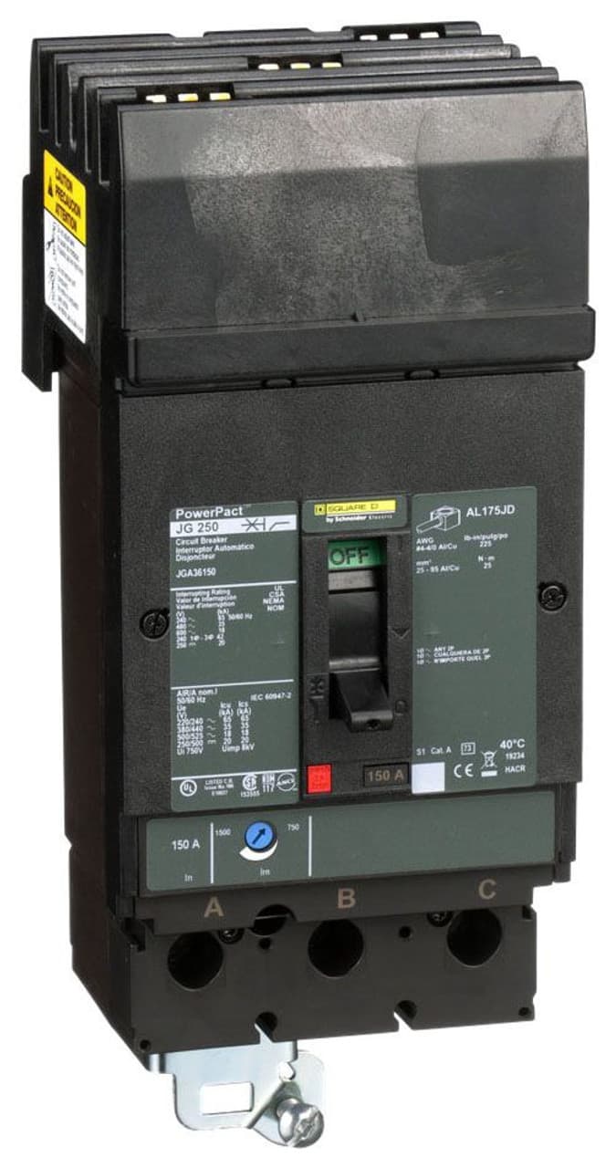 Schneider Electric JDA36150 Square D by Schneider Electric JDA36150 is a Moulded Case Circuit Breaker (MCCB) within the PowerPacT JDA sub-range, featuring a PowerPact J-Frame 250 TMD 3P 150A 600Vac 14kA I-line ABC 80% rated design. It offers a 3-pole (3P) configuration with thermal protection for overload and magnetic protection for short-circuit scenarios. The rated current is 150A, with a rated insulation voltage (Ui) of 750 V and a rated voltage (AC) of 600Vac 600Y/347Vac. This MCCB is designed for I-line connection (ABC phases) and mounts on I-line with line side isolated plug-on jaws plus a mechanical I-Line bracket mechanism for robust attachment. It has a net height of 191 mm, a net width of 105 mm, and a net depth of 127 mm, offering a degree of protection of IP40. The operating mode is manual toggle, with protection settings for over-current fixed at 150A and short-circuit pickup current adjustable between 750A and 1500A. The rated operating voltage (Ue) is 690 V, with a rated impulse voltage (Uimp) of 8 kV. The trip current rating is 150 AT, and the frame current rating is 250 AF. Its short circuit breaking rating varies by voltage, including 25kA at 240Vac, 18kA at 480Vac and 480Y/277Vac, 14kA at 600Vac and 600Y/347Vac, and 20kA at 250Vdc, all under UL489. The trip unit type is thermal-magnetic (adjustable) without a display, and it falls under utilisation category A. JDA36150 on Powermatic Associates