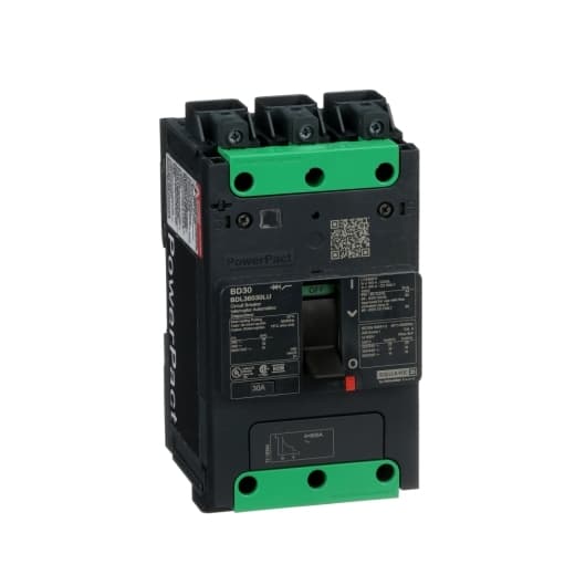 Schneider Electric BDL36030LU Square D by Schneider Electric BDL36030LU is a Moulded Case Circuit Breaker (MCCB) within the PowerPacT BDL sub-range, featuring a PowerPact B-Frame 100 TMD 3P 30A 600Y/347Vac 14kA design. It includes Everlink (Creep compensating) lugs on both line and load sides and a Control Wire terminal (CWT) on the line side only. This MCCB offers a degree of protection of IP40 and has a rated current of 30A with a rated voltage (AC) of 600Vac 600Y/347Vac. It is designed for fixed mounting on a DIN rail or as an individual unit mount on a plate, with three poles (3P). The net dimensions are 137 mm in height, 80 mm in depth, and 81 mm in width. It falls under utilisation category A and features protection settings for over-current fixed at 30A, short-circuit hold current fixed at 400A, and short-circuit trip current fixed at 600A. The rated voltage (DC) is 250Vdc, with a rated insulation voltage (Ui) of 800 V and a rated operating voltage (Ue) of 525 V. Protection functions include thermal protection for overload and magnetic protection for short-circuit, with a trip current rating of 30 AT. Its electrical durability with load is rated for 10,000 operations at 440Vac; In, and it has a frame current rating of 100 AF. The operating mode is toggle (manual), and it has a short circuit breaking rating of 25kA at 240Vac, 18kA at 480Vac, 18kA at 480Y/277Vac, 14kA at 600Y/347Vac, and 10kA at 250Vdc, all according to UL489. The trip unit type is thermal-magnetic (fixed) with no display. BDL36030LU on Powermatic Associates