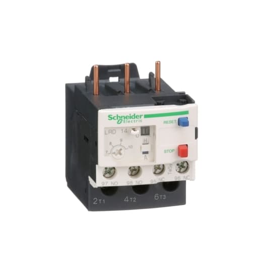 Schneider Electric LRD14 Schneider Electric LRD14, part of the LRD sub-range, is a differential thermal overload relay designed for direct connection to a contactor and features screw-clamp connections for both upstream and outgoing cables, as well as the control circuit. This 3-pole device offers protection functions classified as Class 10A, with a rated current of 7-10 A. The protection settings for thermal overload are adjustable between 7 to 10A. It includes 1 Normally Open (NO) auxiliary contact and 1 Normally Closed (NC) auxiliary contact. The rated voltage for AC phase-to-phase, applicable up to 400Hz, is 690 V. The minimum and maximum current settings are 7 A and 10 A, respectively. LRD14 on Powermatic Associates