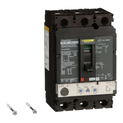 Schneider Electric HGL36100M38X Square D by Schneider Electric HGL36100M38X is a Motor Protection Circuit Breaker (MPCB) within the PowerPacT HGL sub-range, designed for electronic motor protection, manual motor starting, and motor circuit protection. It features a PowerPact H-Frame 150 Micrologic 2.2M (LSI) design, suitable for 3-pole (3P) configurations with a 100A line rated current and 80A Full Load Amperes (FLA). The device operates at a rated insulation voltage (Ui) of 750V, with AC and DC rated voltages of 600Y/347Vac and 500Vdc respectively. It offers a degree of protection of IP40 and is mounted individually on a plate. The MPCB provides long-time (L), short-time with fixed time delay (S), and instantaneous (I) protection functions, with adjustable overload protection from 0.4 to 1 times the FLA (30A to 80A) and short-circuit protection with time delay adjustable from 5 to 13 times the ln (500A to 1300A), alongside a fixed instantaneous protection at 1500A. The unit's dimensions are 163 mm in height, 104 mm in width, and 86 mm in depth, with a manual toggle operating mode. It has a rated operating voltage (Ue) of 690V, a rated impulse voltage (Uimp) of 8kV, and a trip current rating of 100 AT. The frame current rating is 150 AF, with a short circuit breaking rating varying from 18kA to 65kA depending on the voltage and compliance with UL489 standards. The trip unit employs an electronic Micrologic 2.2M (LSI) technology without a display, categorized under utilization category A. HGL36100M38X on Powermatic Associates